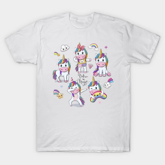 Five Cartoon Unicorns T-Shirt by Reginast777